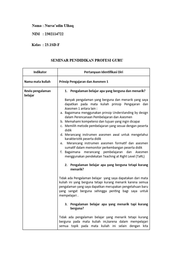 Jurnal Refleksi Nursa adin Ulhaq Prinsip Pengajaran Dan Asesmen 1 PDF