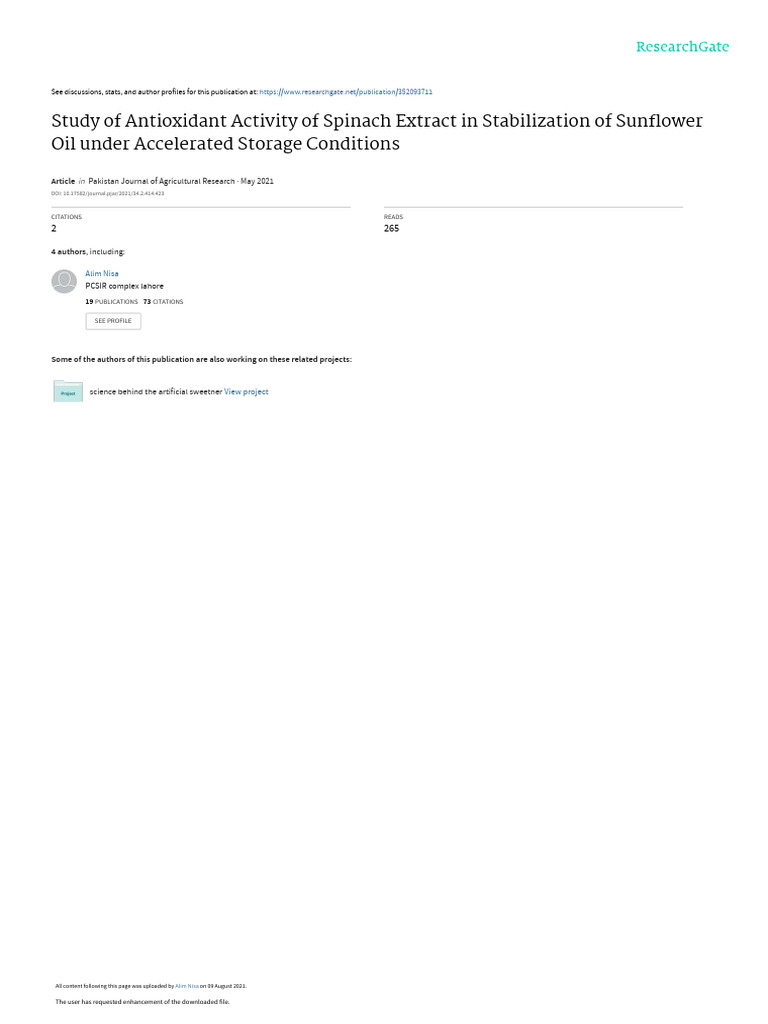 Study of Antioxidant Activity of Spinach Extract in Stabilization of Sunflower Oil Under