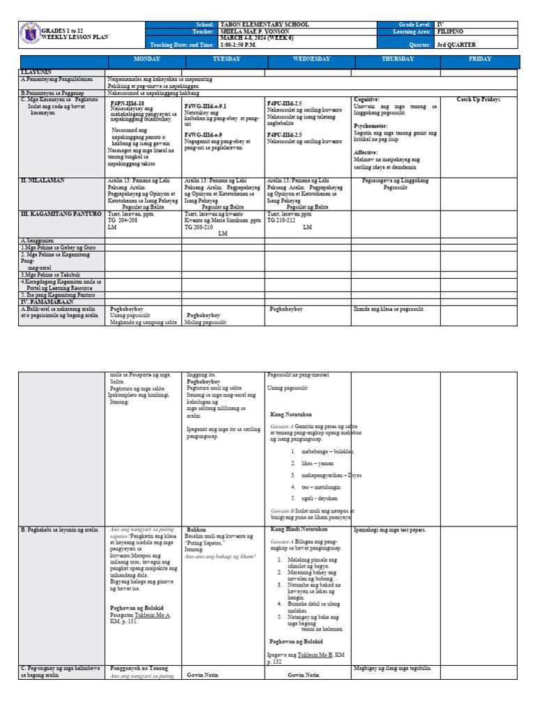 DLL - Filipino 4 - Q3 - W6 Yonson | PDF
