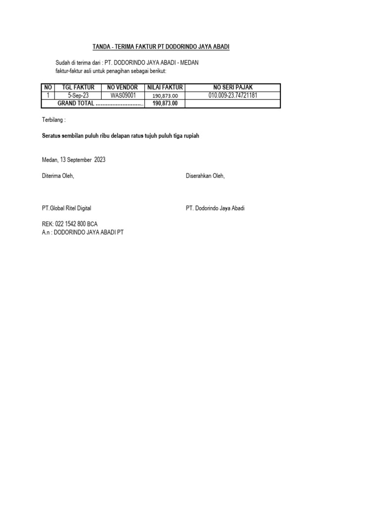 Tanda Terima Faktur PT Dodorindo Jaya Abadi PDF Pengelolaan