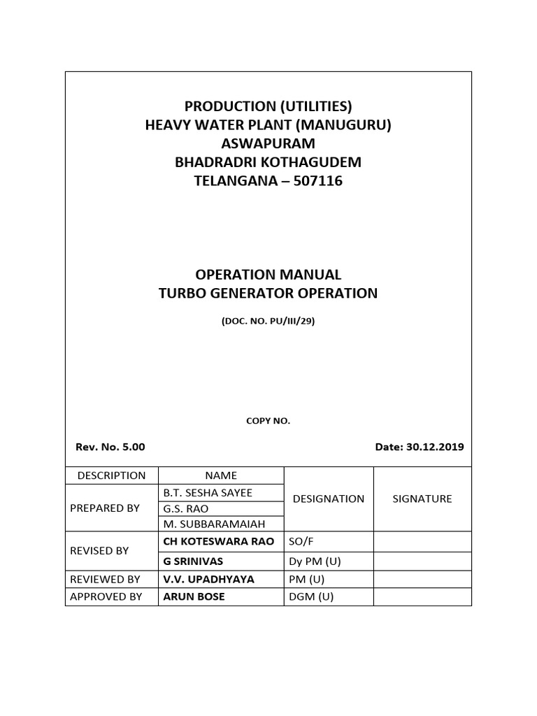 Turbo Generator Operation Manual | PDF | Electric Generator