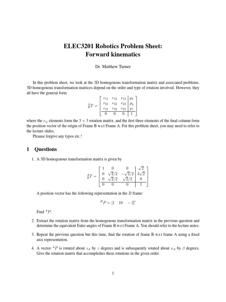 3D Homogeneous Transformation Matrix Guide | PDF | Teaching Methods ...