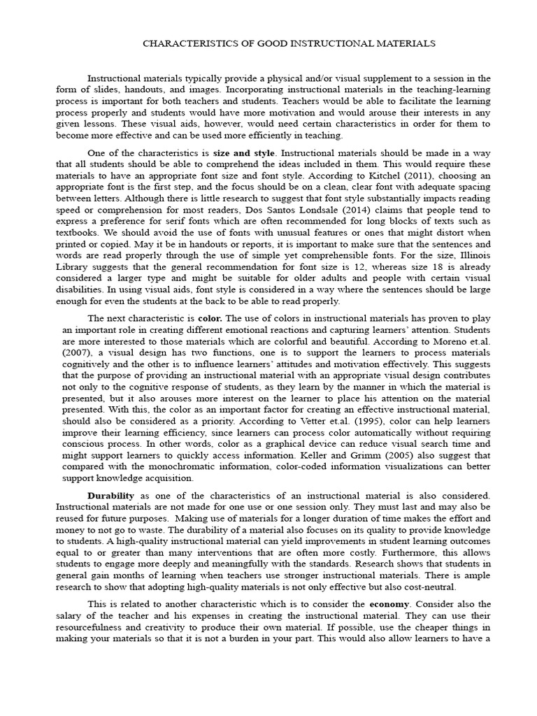 Characteristics of Instructional Materials PDF Typefaces Learning