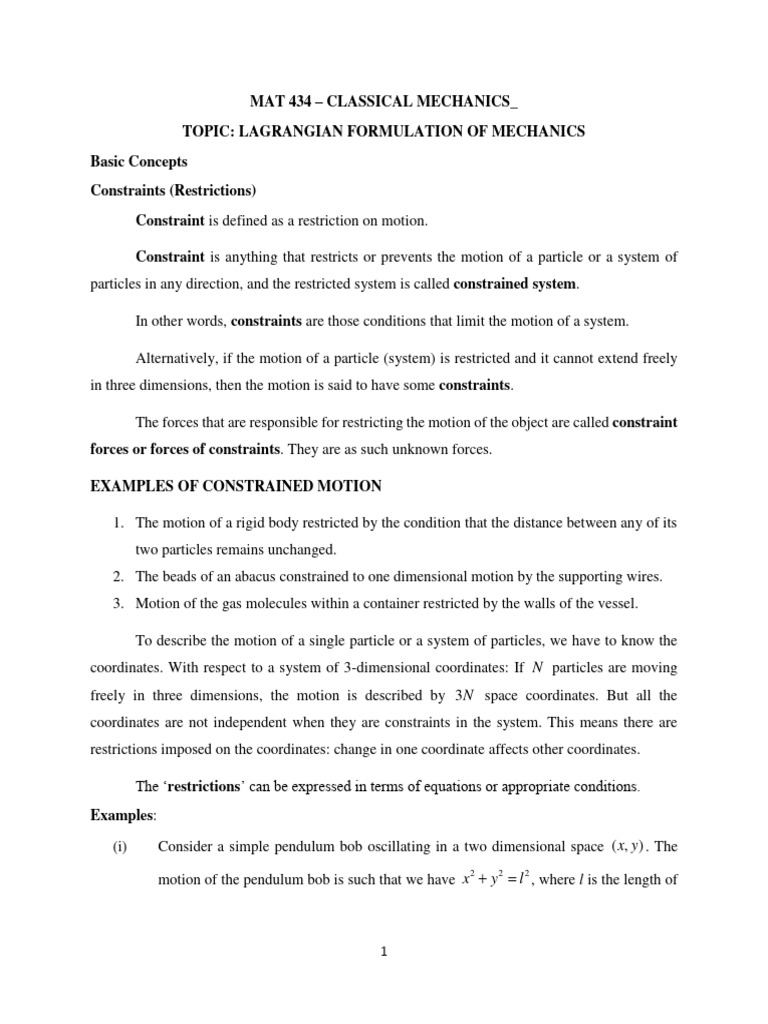 Lagrangian Mechanics: Constraints Explained | PDF | Geometry | Mechanics