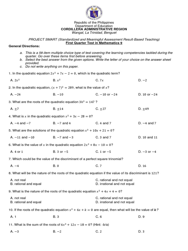 TQ Q1 Mathematics 9-Bryan-Hidalgo | PDF | Quadratic Equation ...