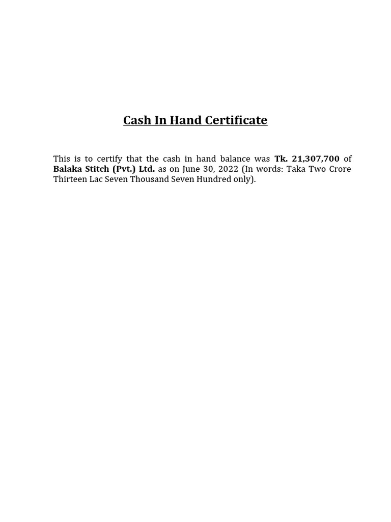 Cash in Hand Certificate PDF