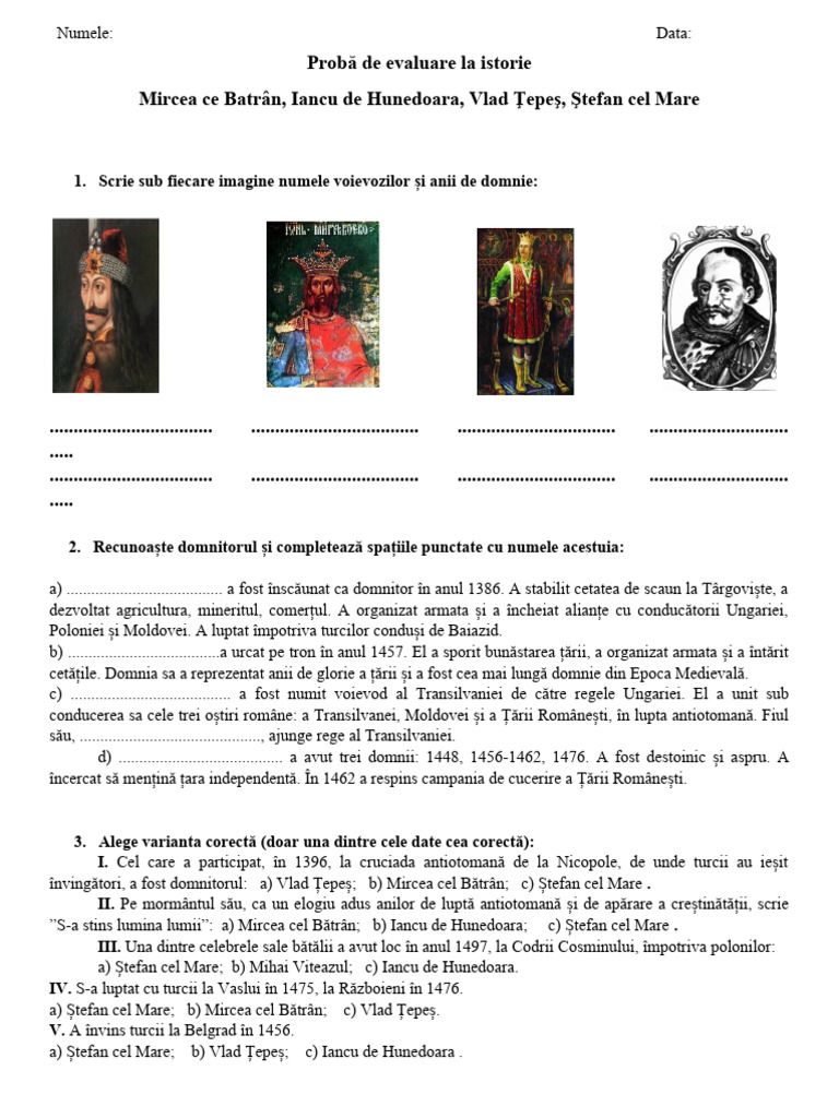 0 Proba de Evaluare Mircea Cel Batran Stefan Cel Mare Vlad Tepes | PDF