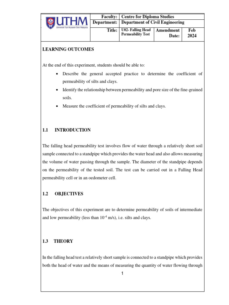 Falling Head Permeability Test Guide | PDF | Clay | Permeability (Earth ...