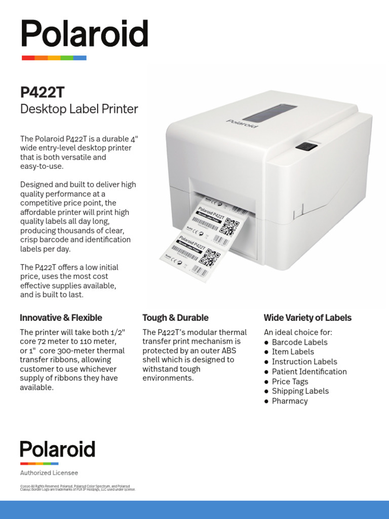2020 Polaroid P422T Data Sheet 002 | PDF | Printer (Computing) | Computing