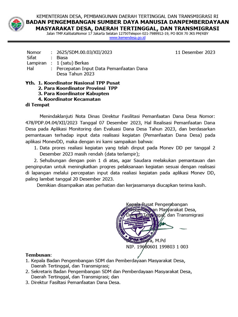 Surat kapus kpd para koordinator prov tentang pengisian data realisasi