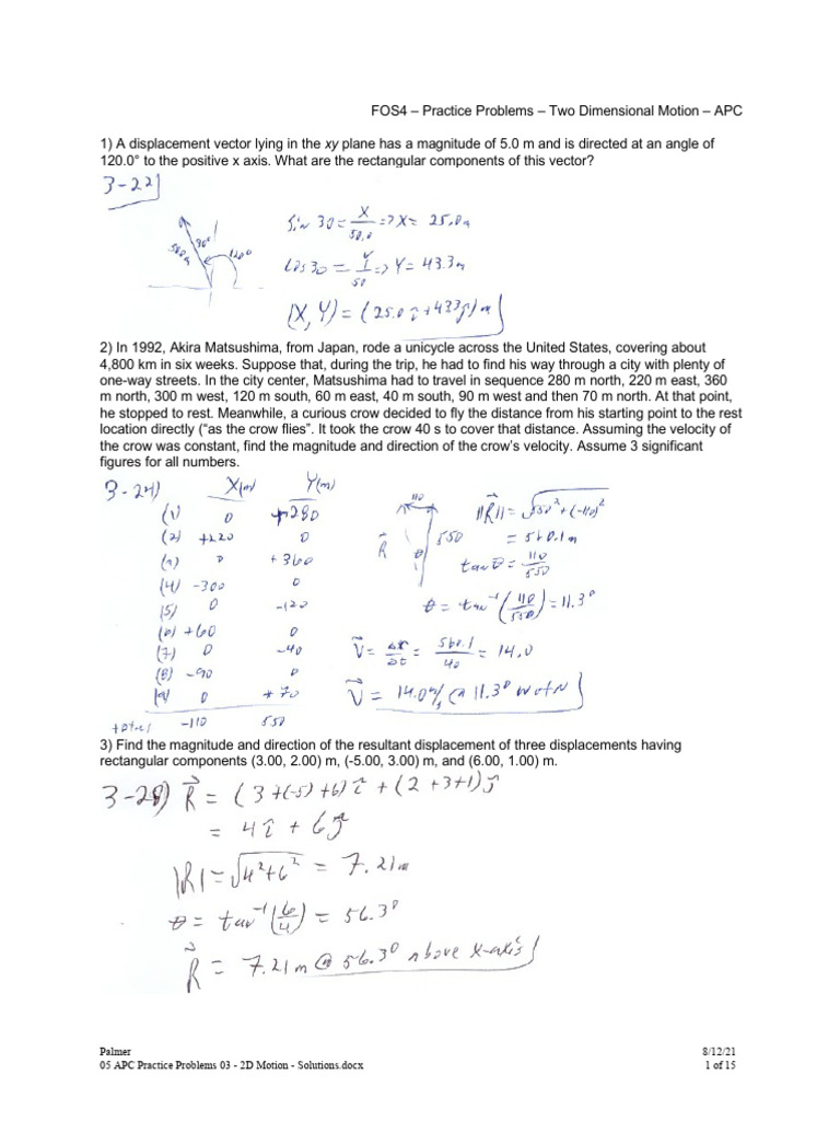 2D Motion Practice Problems Solutions | PDF | Euclidean Vector ...