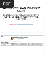 OAU ILE IFE Admission Requiremants Into Part 1 and DE For Faculties 1