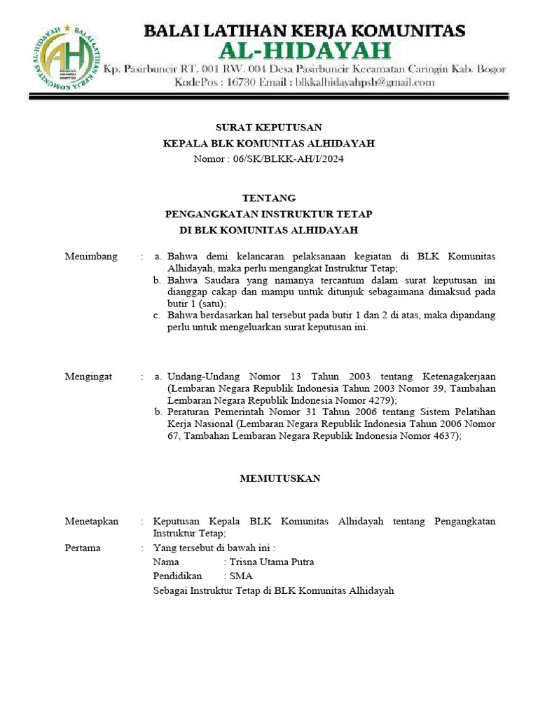 Pengangkatan Instruktur Tetap BLK Alhidayah | PDF