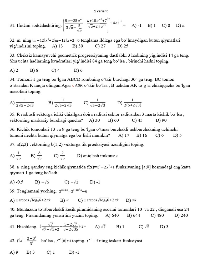 Matematikadan Blok 2 Variant + Kalit | PDF