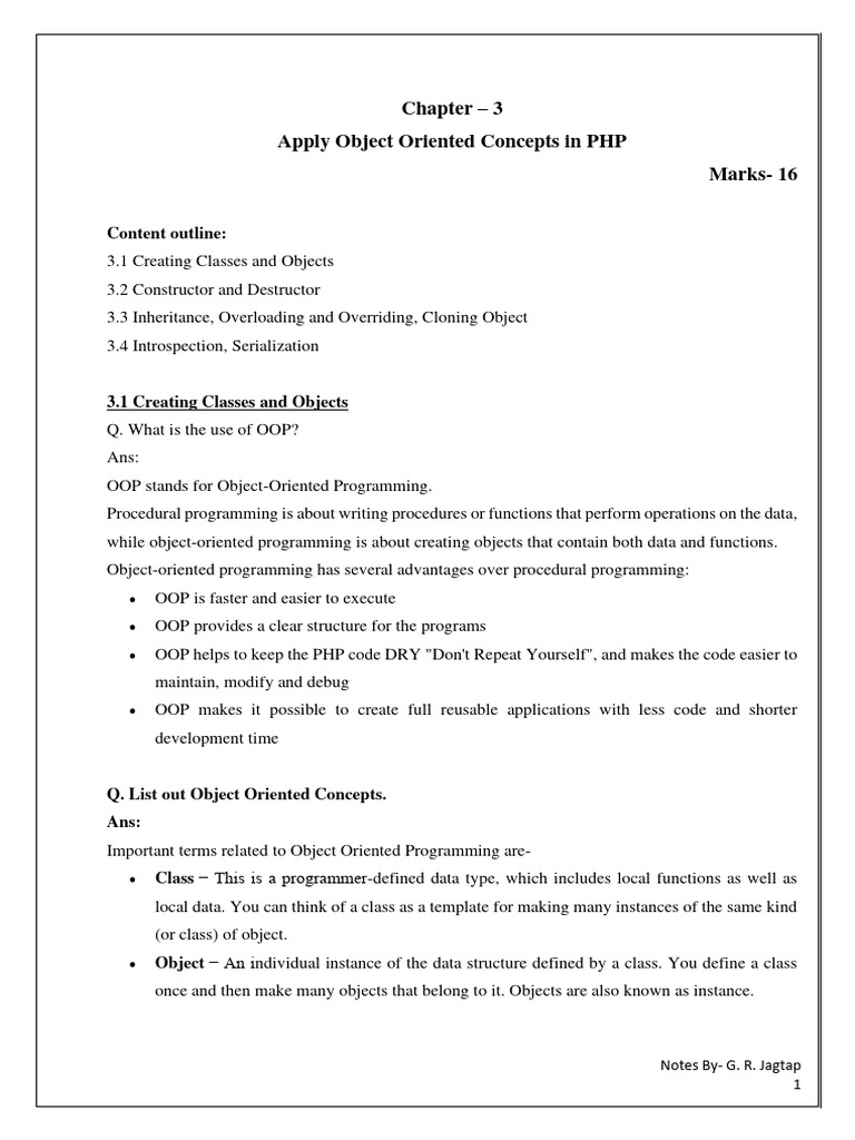 Chapter - 3 Apply Object Oriented Concepts in PHP Marks-16: Notes by ...