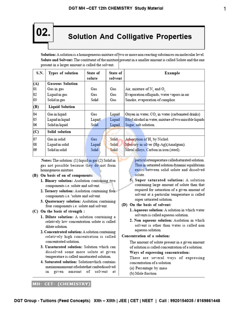 DGT Solution and Colligative Properties PDF Osmosis Solubility