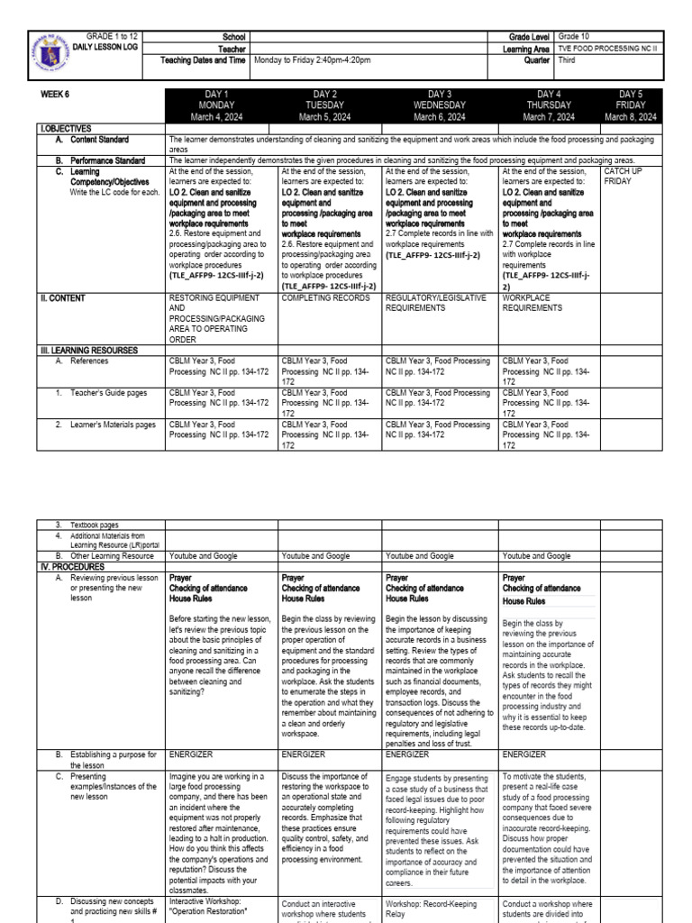 Food Processing DLL WEEK 6 PDF Records Management Regulatory