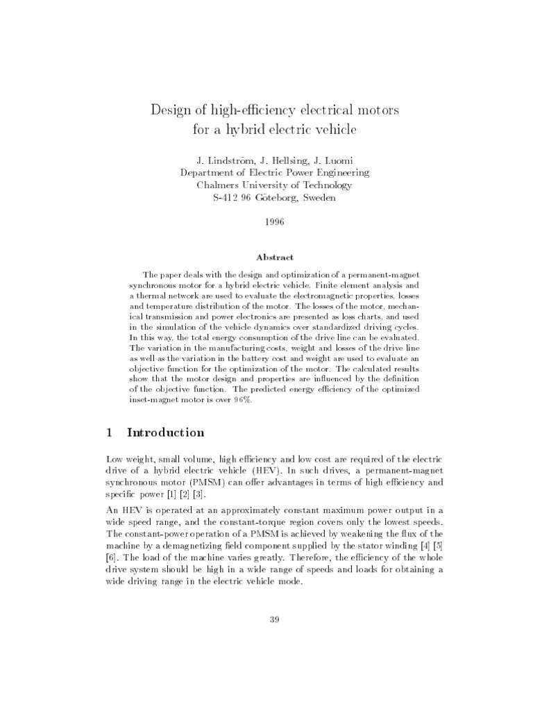 Design of High Efficiency Electrical Motors For A Hybrid Electric ...
