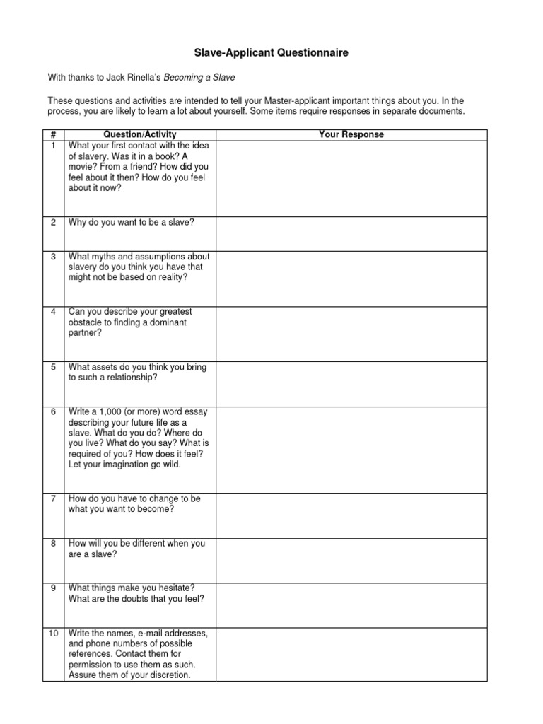 Slave Questionnaire | PDF | Experience | Fear