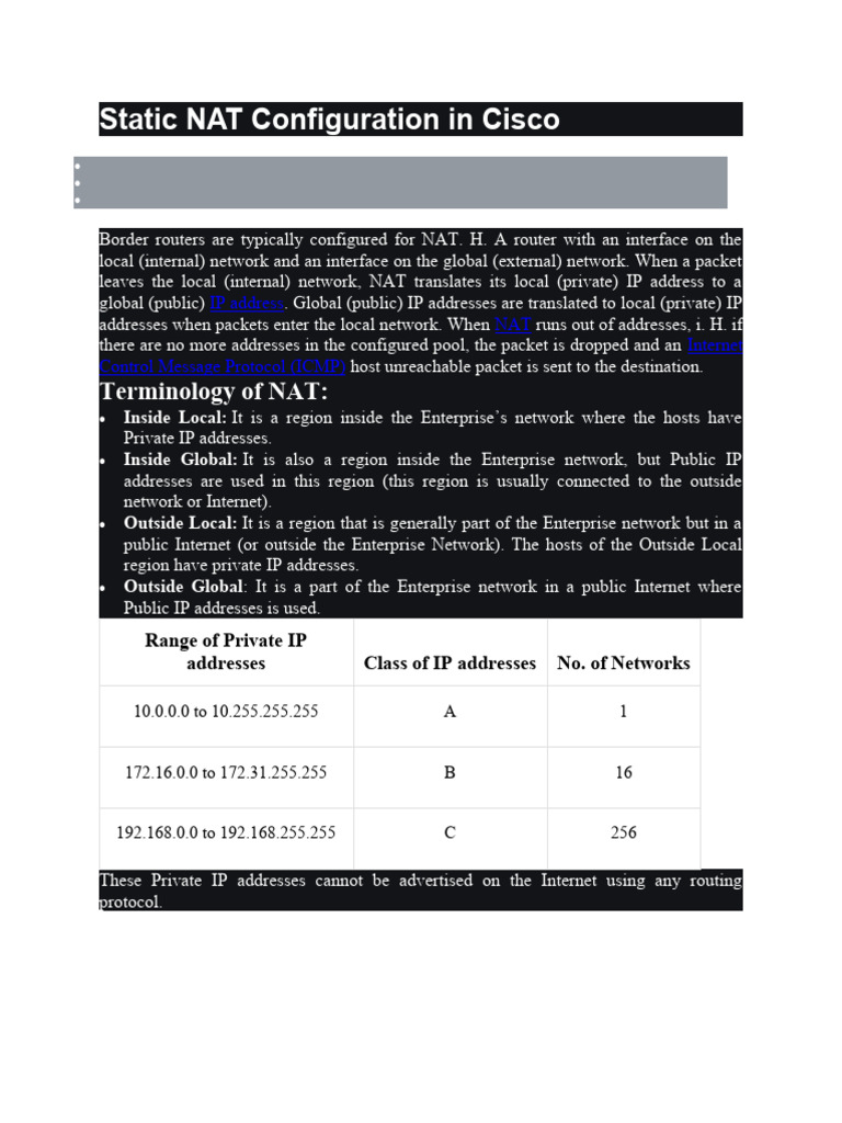 Cisco Static NAT Configuration Guide | PDF | Ip Address | Router ...