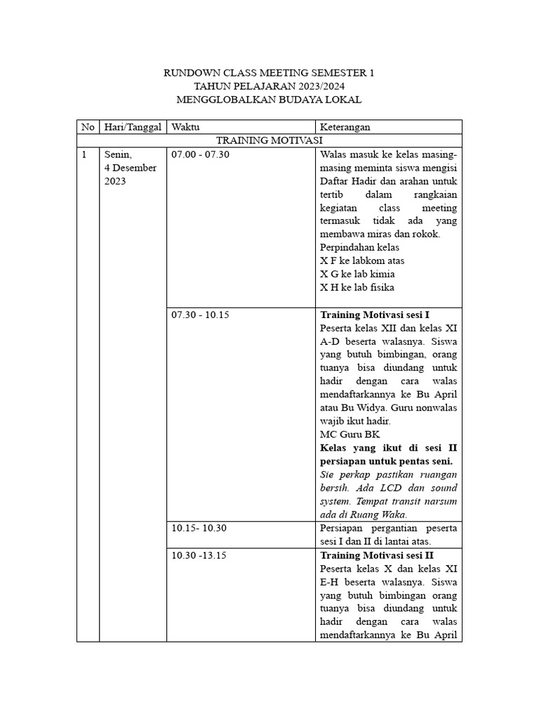 Rundown Class Meeting Semester 1 | PDF