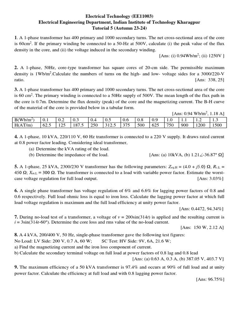 Et Tutorial Sheet 5 Pdf Transformer Electrical Components