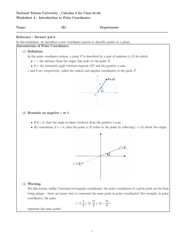 Introduction to Polar Coordinates Worksheet | PDF | Coordinate System ...