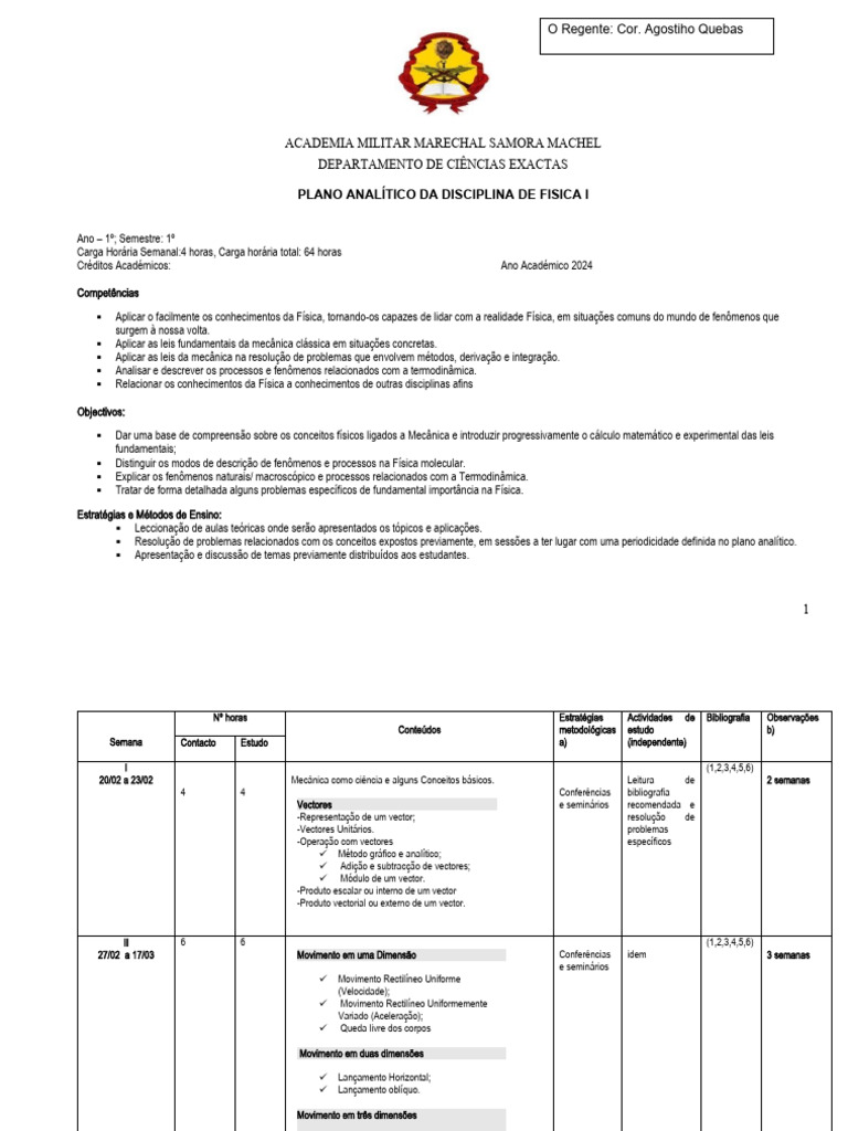 Plano de Ensino de Física I - Academia Militar | PDF | Iniciativa ...