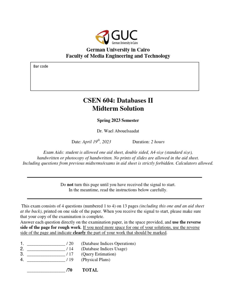 Midterm Solutions for Databases II Exam | PDF | Computers