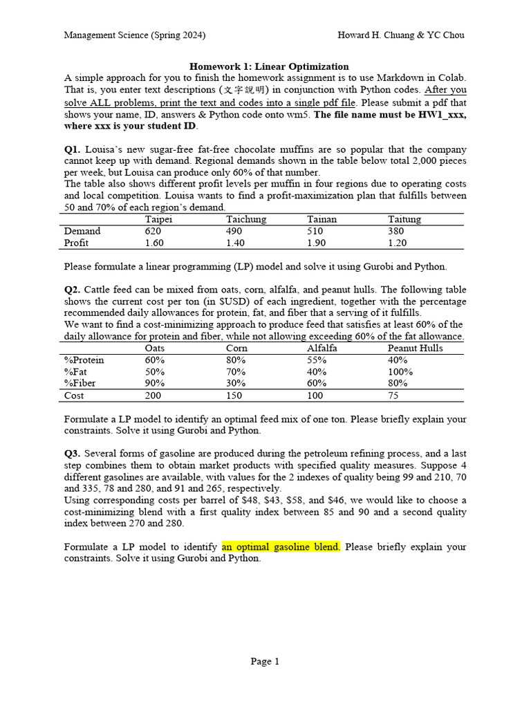 Homework 1 linear optimization pdf