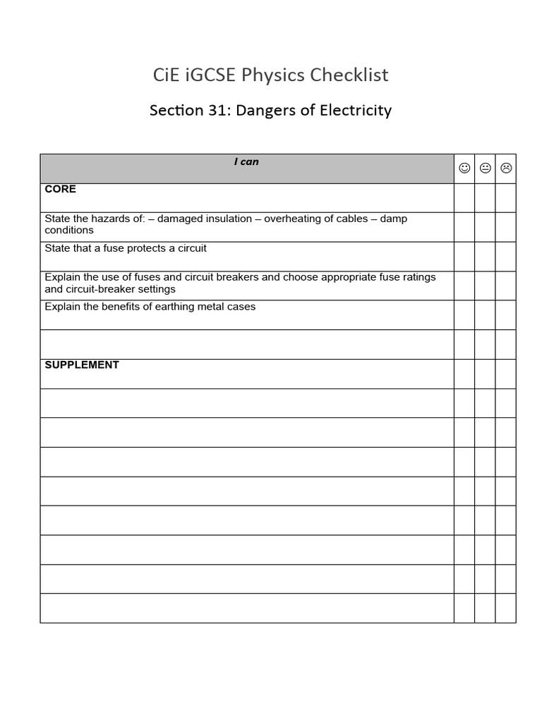 CiE IGCSE Physics Checklist Section 31 PDF