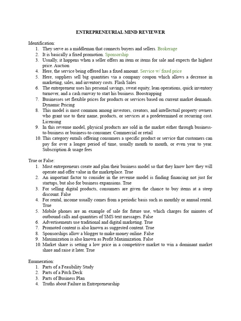 Entrepreneurial Mind Reviewer Pdf Entrepreneurship Sales