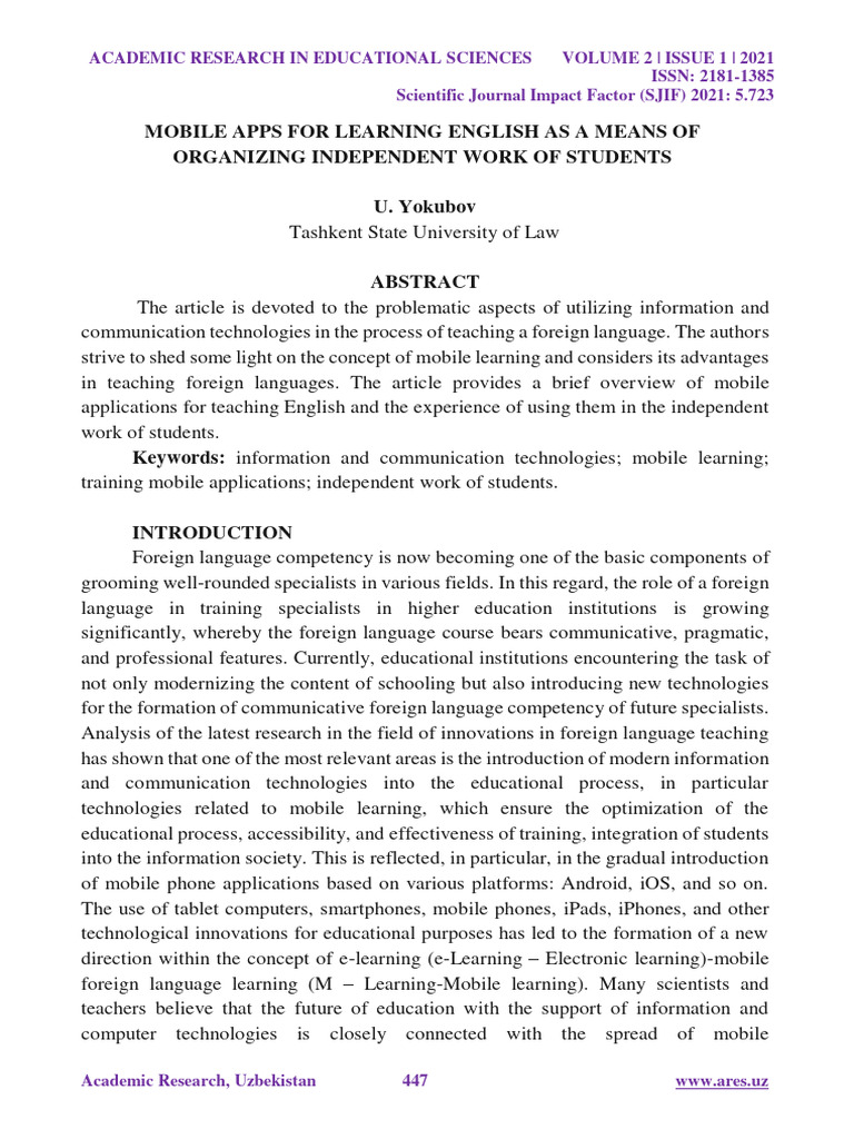 Mobile Apps For Learning English As A Means of Organizing Independent ...