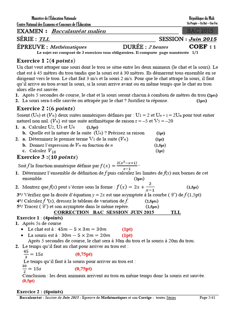 Corrigé Bac Maths 2015 TLL Sénégal | PDF | Asymptote | Analyse mathématique