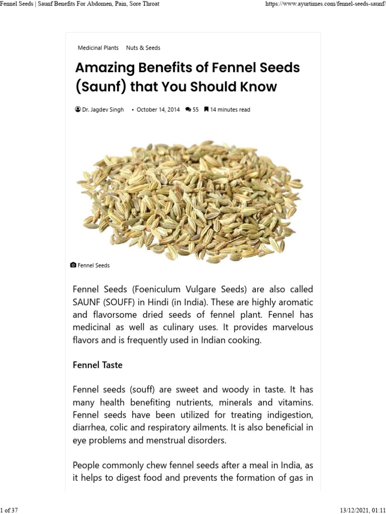 Fennel Seeds Saunf Benefits for Abdomen, Pain, Sore Throat PDF Dietary Fiber Diet & Nutrition