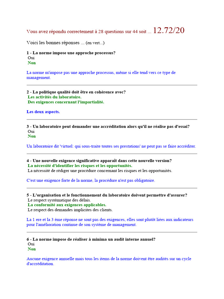 Quiz ISO 17025 : Évaluation des Connaissances | PDF | Calibrage | Audit