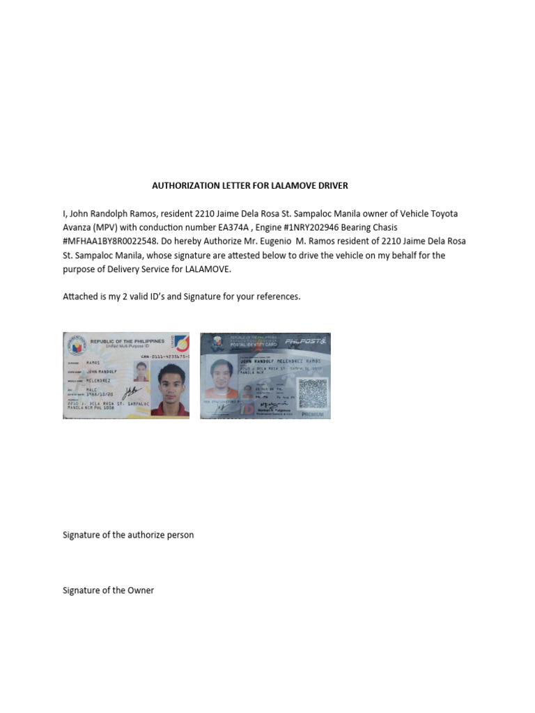 Authorization letter for lalamove driver pdf
