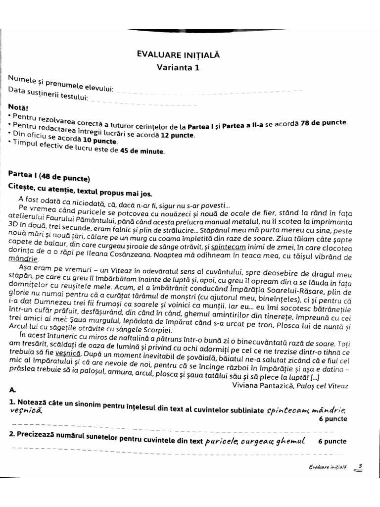 Test Initial Clasa A 6-A | PDF