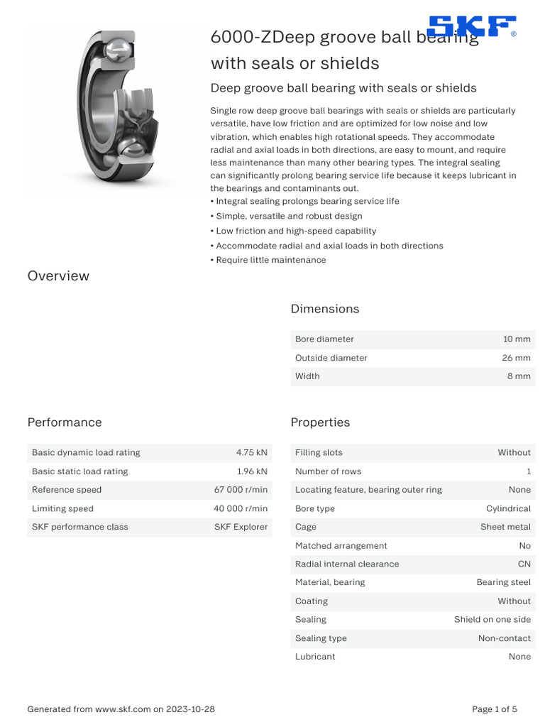 SKF 6000-ZDeep Groove Ball Bearing With Seals or Shields Specification ...