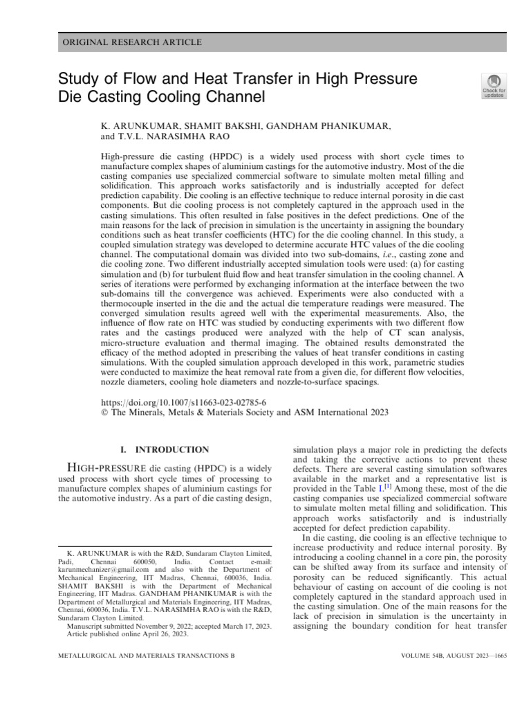Study of Flow and Heat Transfer in High Pressure Die Casting Cooling ...