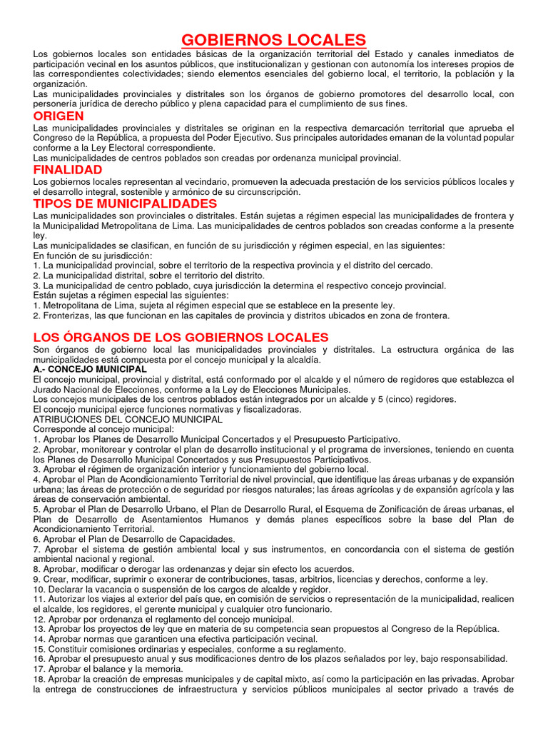 GOBIERNOS LOCALES y Regionales Teoría | PDF | Gobierno local | Alcalde