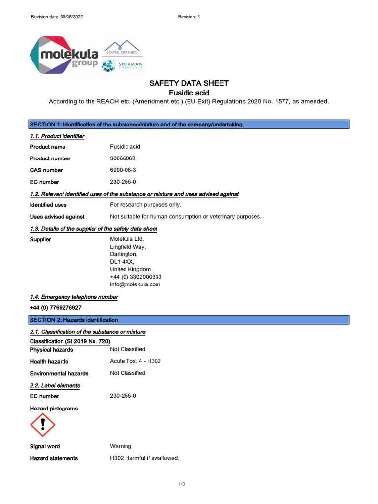 Fusidic Acid Safety Data Sheet | PDF | Dangerous Goods | Toxicity