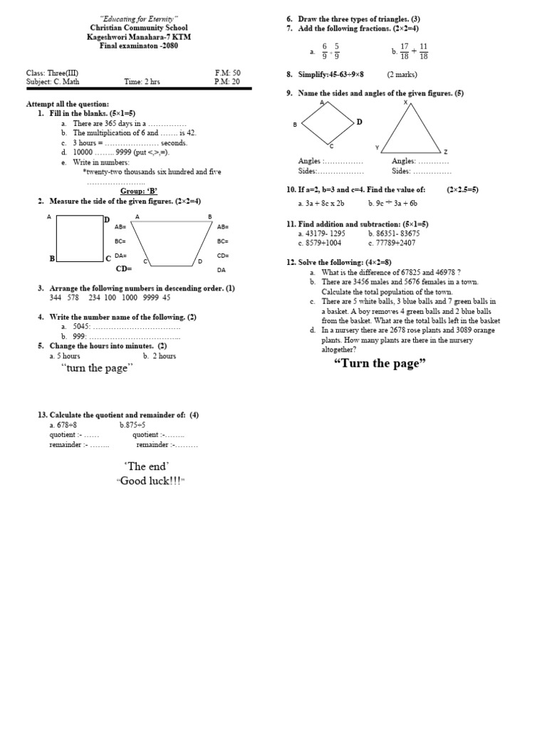 Grade 3 Maths - Final Examinaton | PDF