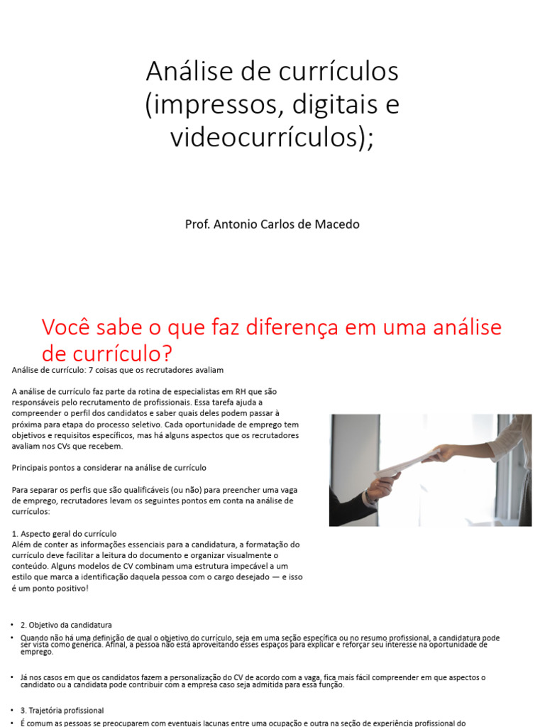 Análise De Currículos Impressos Digitais E Videocurriculo Pdf