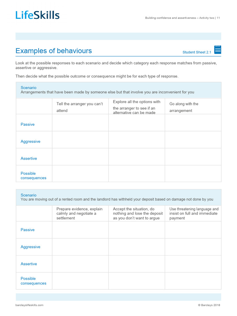 Assertiveness worksheet PDF