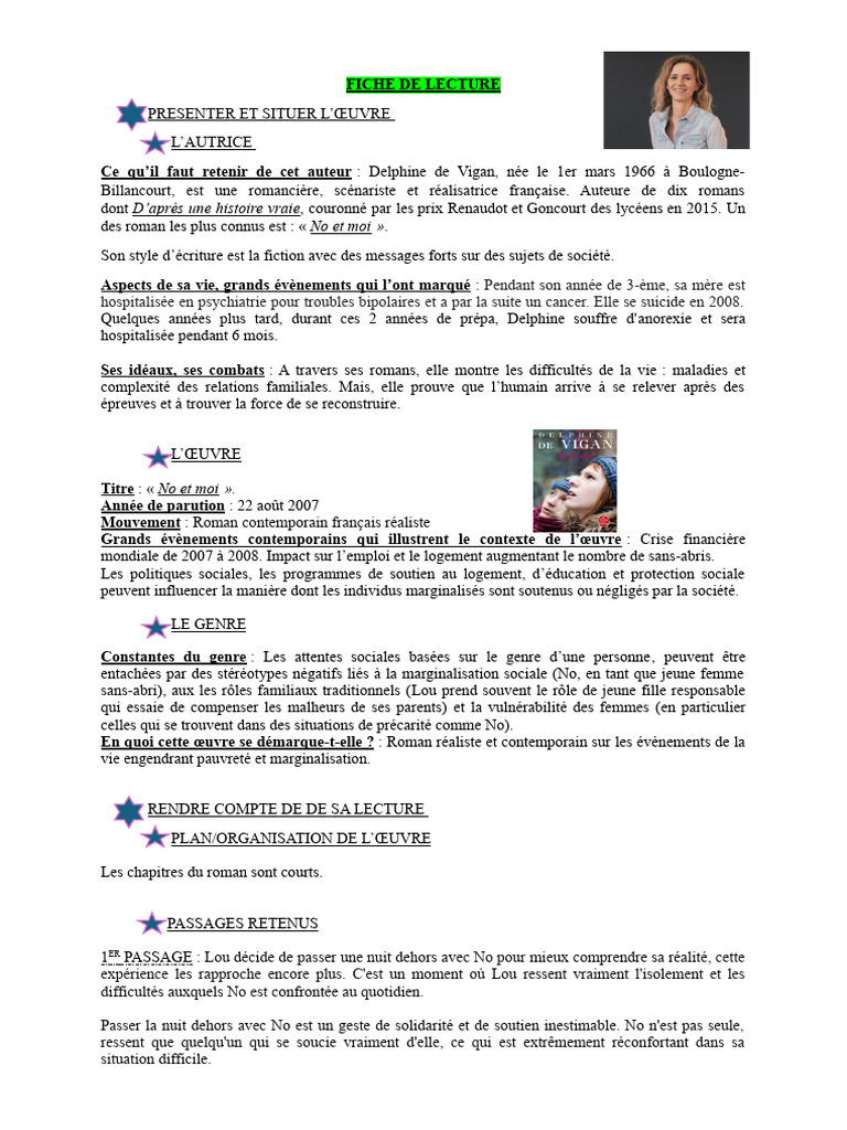 Fiche de Lecture No Et Moi | PDF | Sans-abri