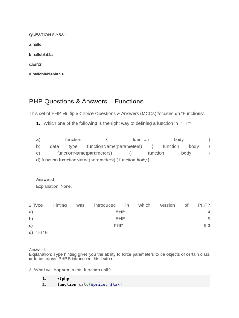 PHP Functions and Arrays MCQs | PDF | Parameter (Computer Programming ...