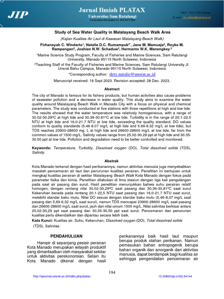 Study of Sea Water Quality in Malalayang Beach Wal | PDF