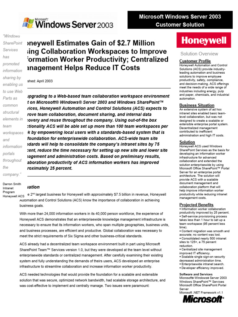 Honeywell - Windows Server 2003 Case Study | PDF | Share Point | World ...