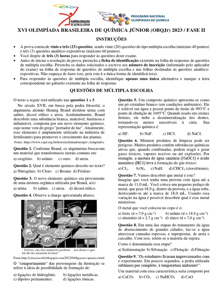 Prova da OBQJr 2023 - Fase II | PDF | Ouro | Química